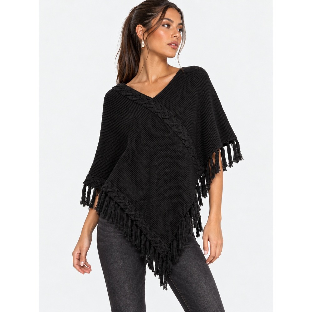 Pierre Cardin Black Cable Knit Fringe Poncho Wrap V-Neck S M